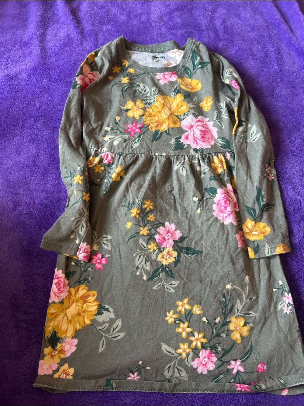 Old Navy Olive Floral Long-Sleeve Dress with Pink & Yellow Blooms